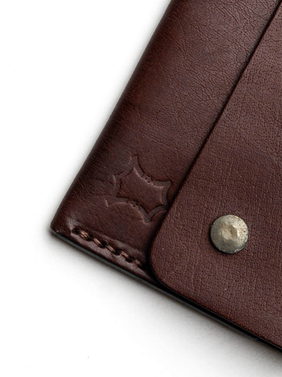 Close-up of a brown leather EDC wallet with a star embossing and metal button on a white background