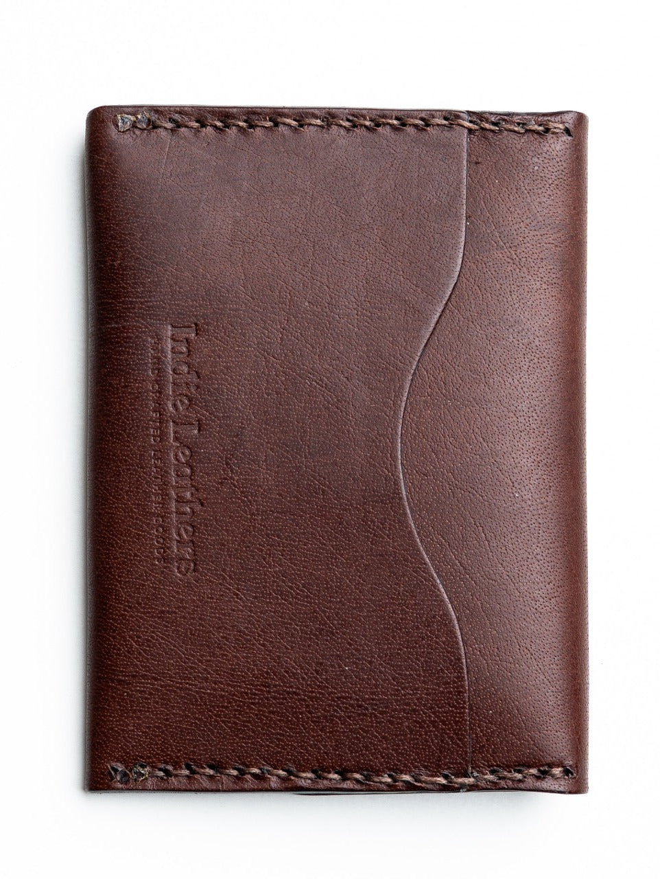 Brown leather EDC wallet with stitching detail on a white background