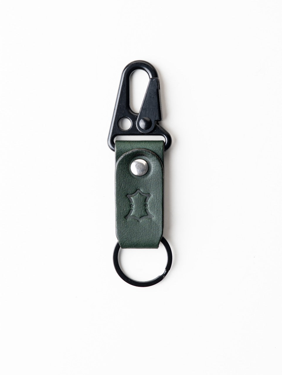 Green leather keychain with black clip on a white background