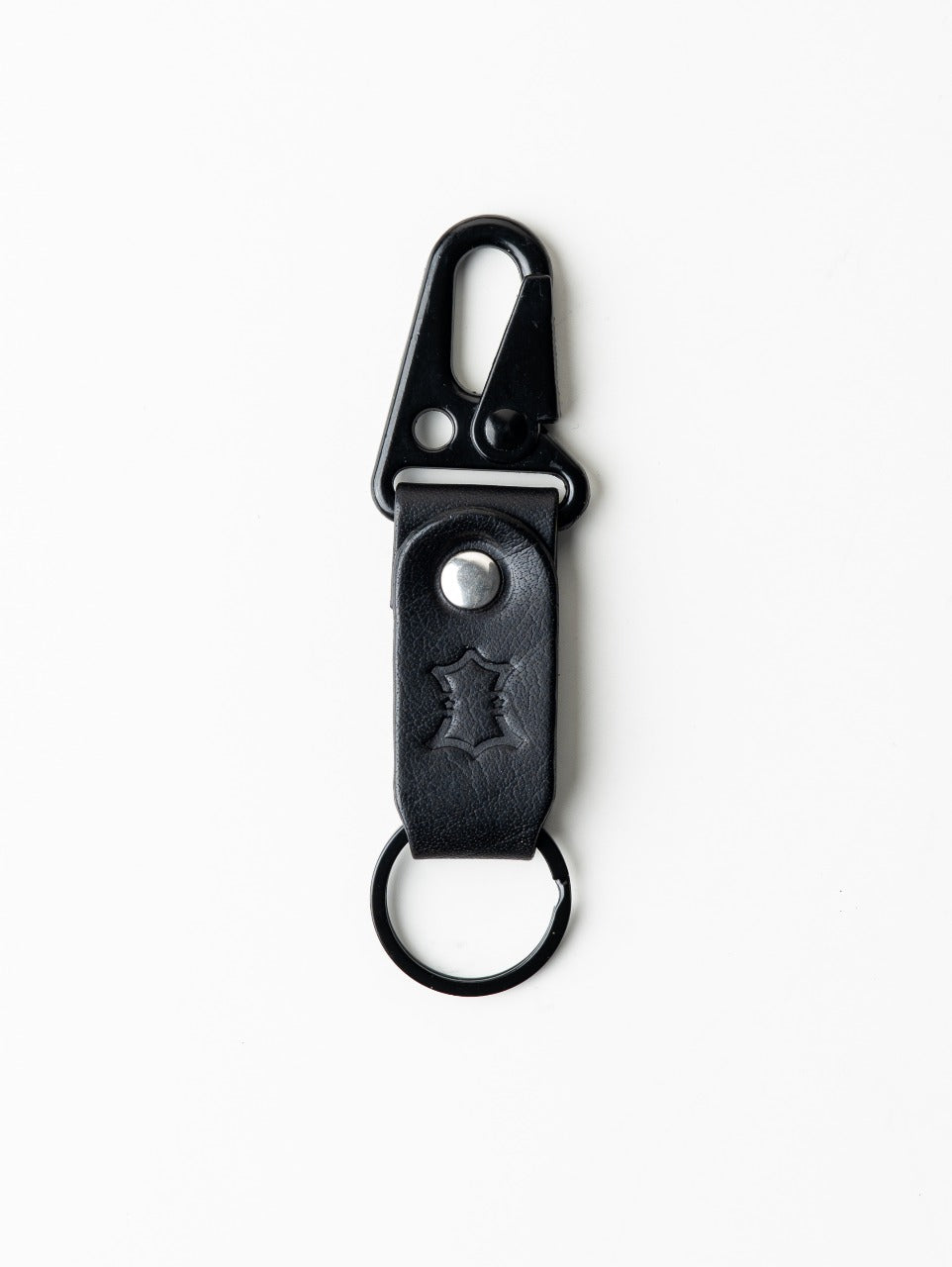 Black leather keychain with metal clasp on a white background