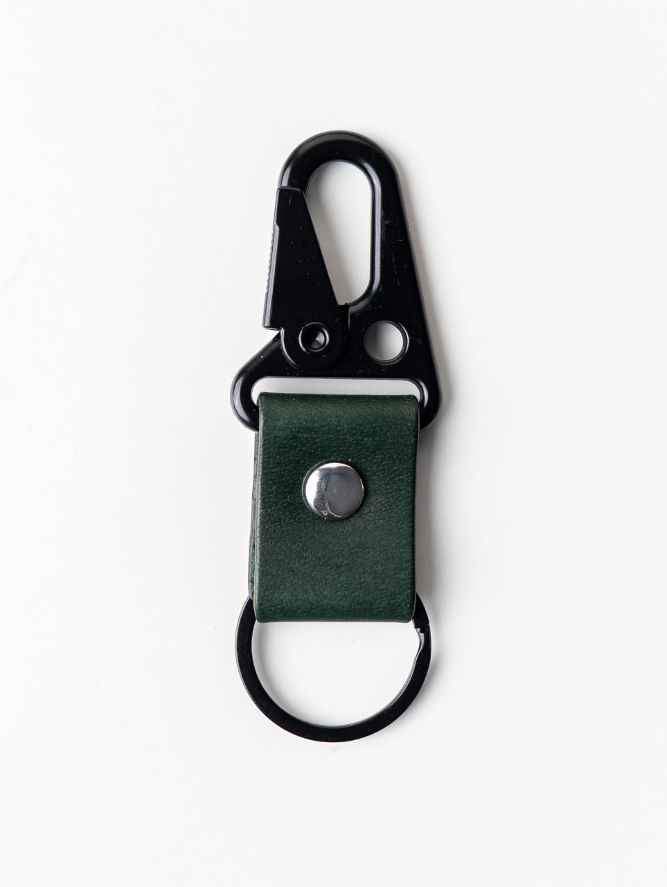 Green leather keychain with black metal clip on a white background