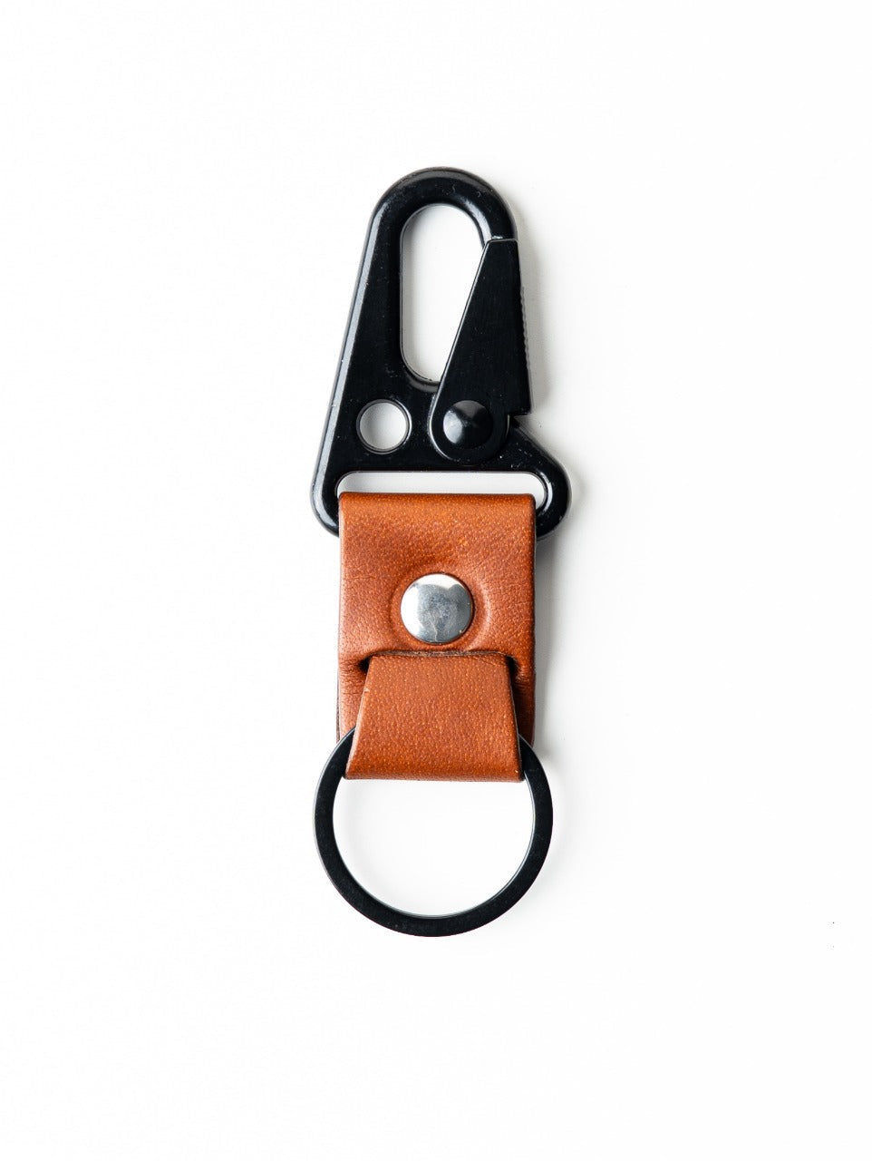 Black carabiner keychain with a brown leather patch on a white background