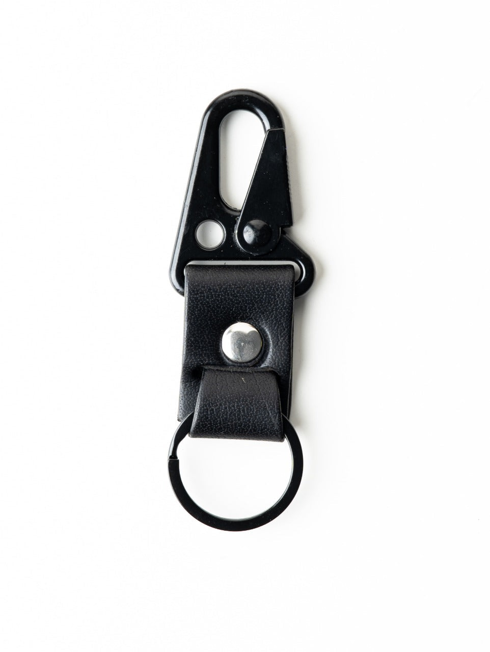 Black metal clip with a carabiner on a white background