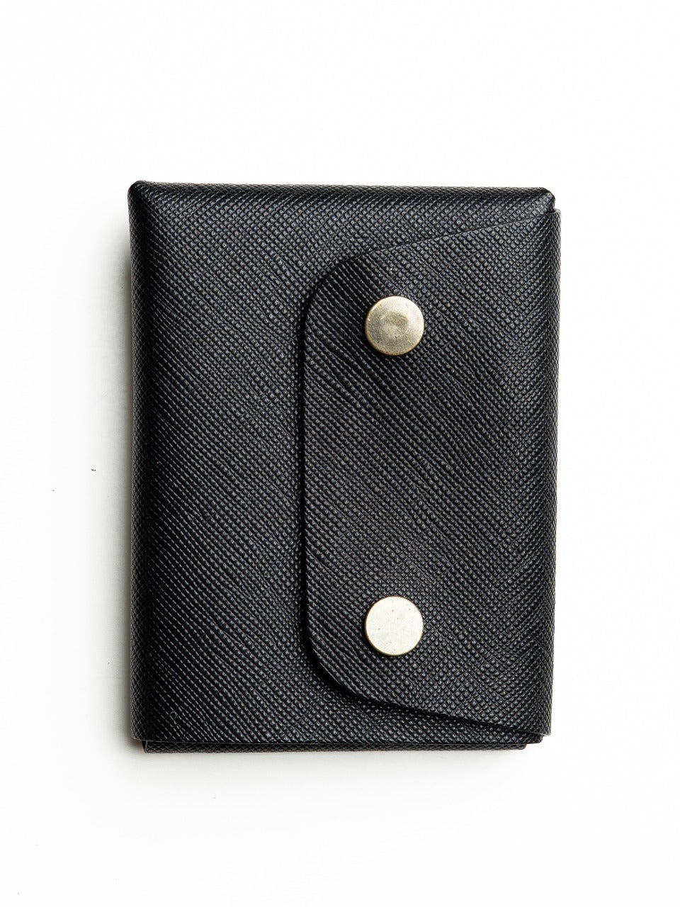 Black Origami  EDC leather wallet with silver buttons on a white background